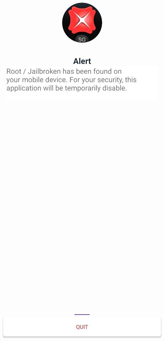 DBS SG app alert reading: Root / Jailbroken has been found on your mobile device. For your security, this application will be temporarily disable.