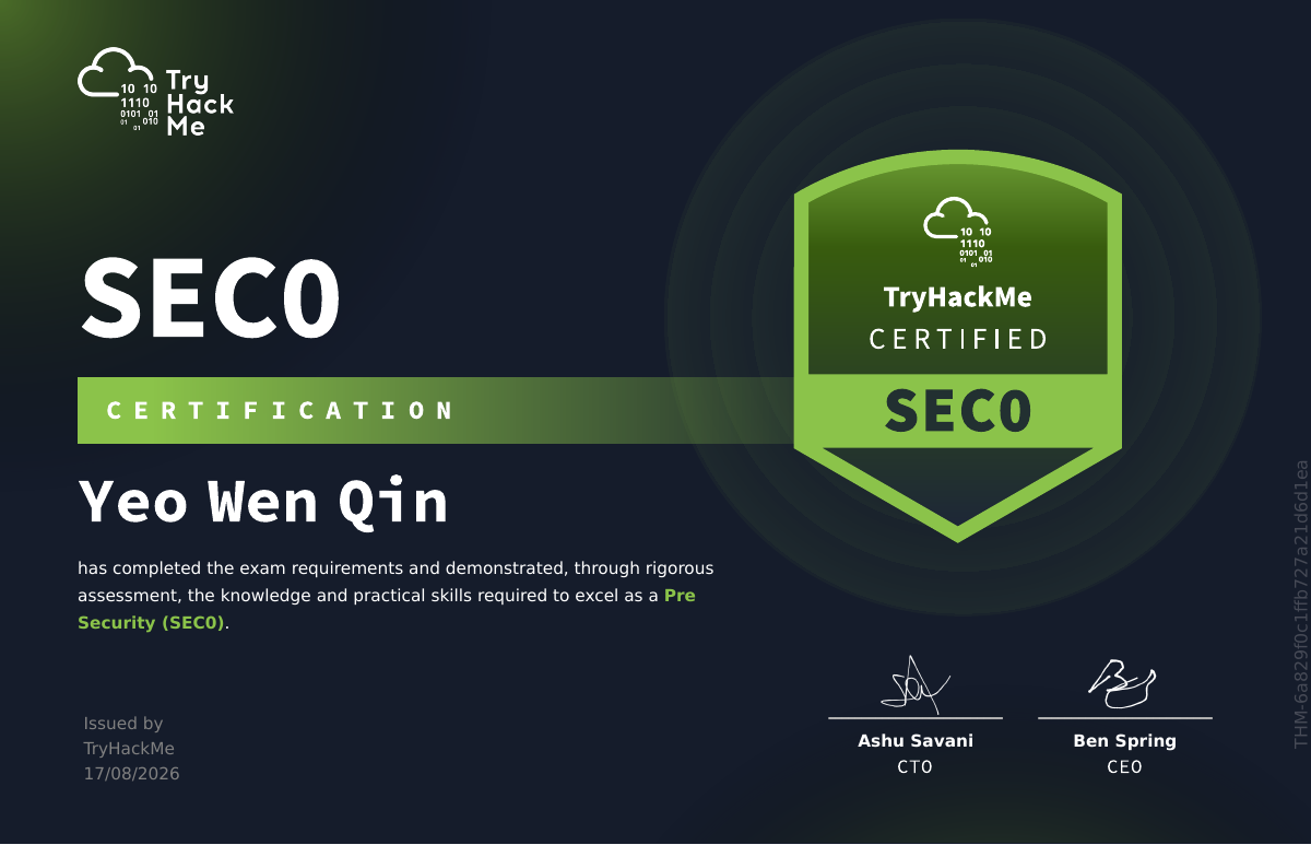TryHackMe SEC0 certification issued to Yeo Wen Qin on 17 August 2026, describing the holder as having demonstrated the knowledge and practical skills required to excel as a Pre Security (SEC0).
